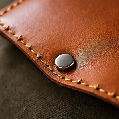 Close-up of the Larkwell Field Pouch showing the full-grain tan leather flap with contrast stitching and metal stud.