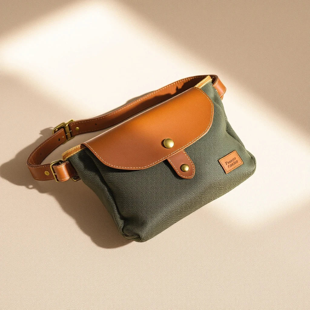 Larkwell The Field Pouch in olive waxed canvas with a tan leather flap, magnetic closure, and adjustable belt.