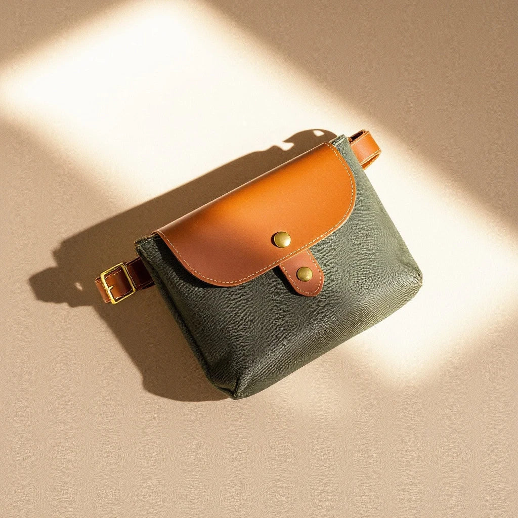 Larkwell The Field Pouch in olive waxed canvas with a tan leather flap and antique brass hardware on a neutral surface.