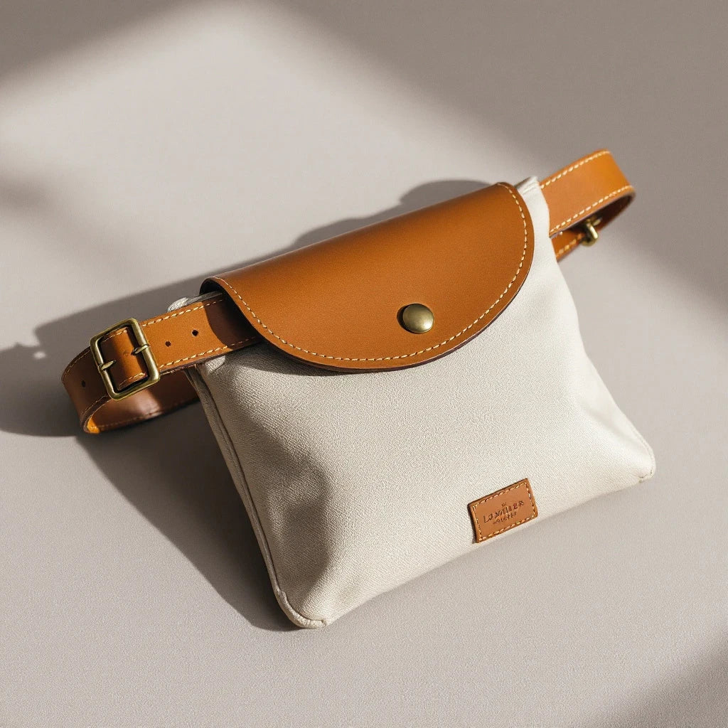 Larkwell The Field Pouch in sand canvas with a chestnut leather flap, magnetic closure, and adjustable waist belt.