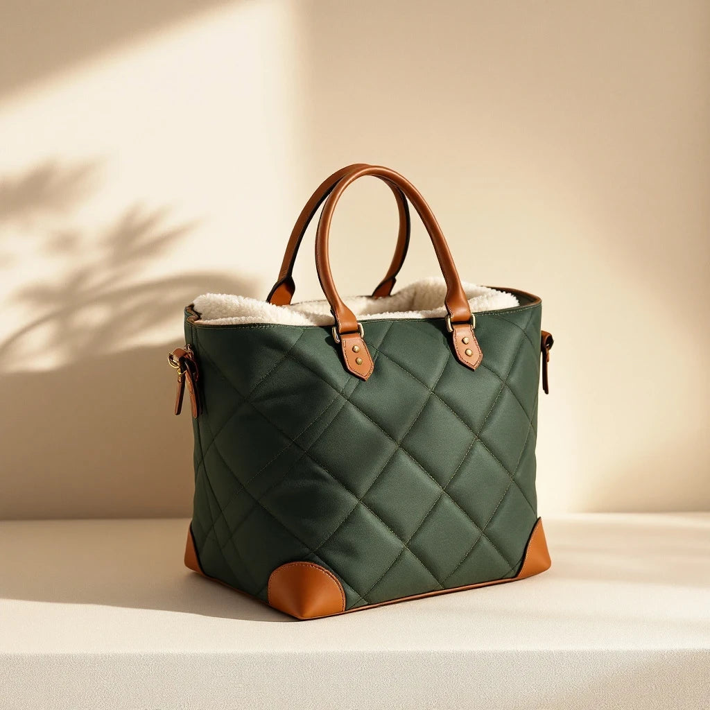 Larkwell The Voyager forest green quilted dog carrier with cognac leather handles and soft teddy fleece lining