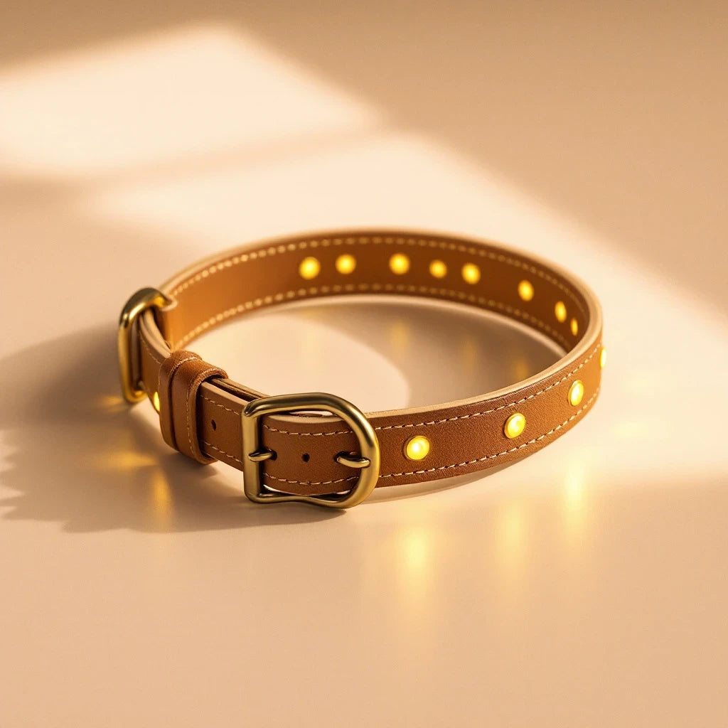 Larkwell The Glow Collar in chestnut tan leather with perforated holes glowing with soft gold light and brass buckle