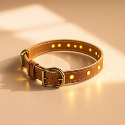 Larkwell The Glow Collar in chestnut tan leather with perforated holes glowing with soft gold light and brass buckle
