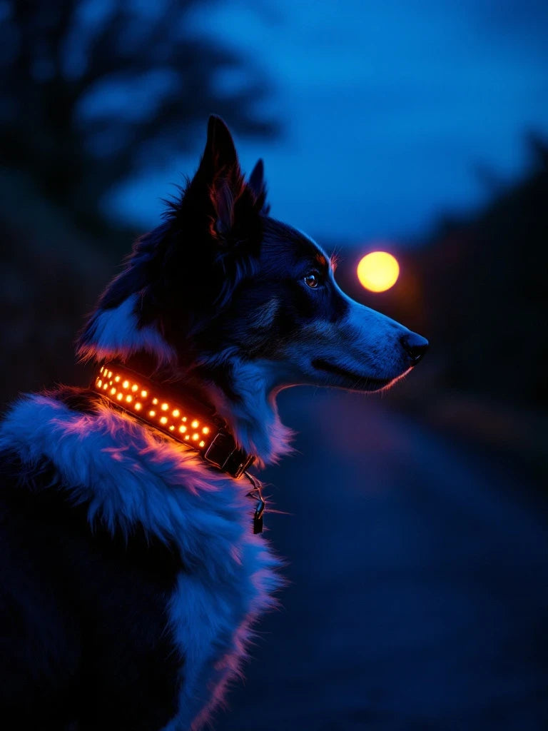 The Larkwell Night Walk Set collar lit on a dog after dark, glowing warm amber through the perforated leather.
