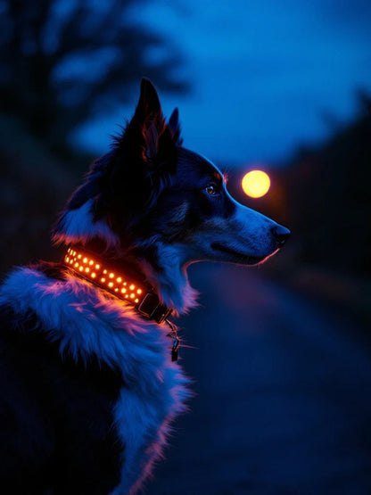 The Larkwell Night Walk Set collar lit on a dog after dark, glowing warm amber through the perforated leather.