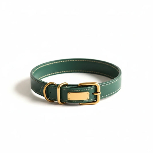 Larkwell deep forest green vegetable-tanned leather dog collar with solid brass buckle and engraved name plate