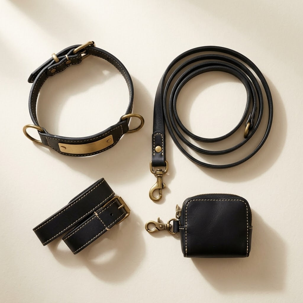 Leather Collar, Lead & Waste Bag Holder Set