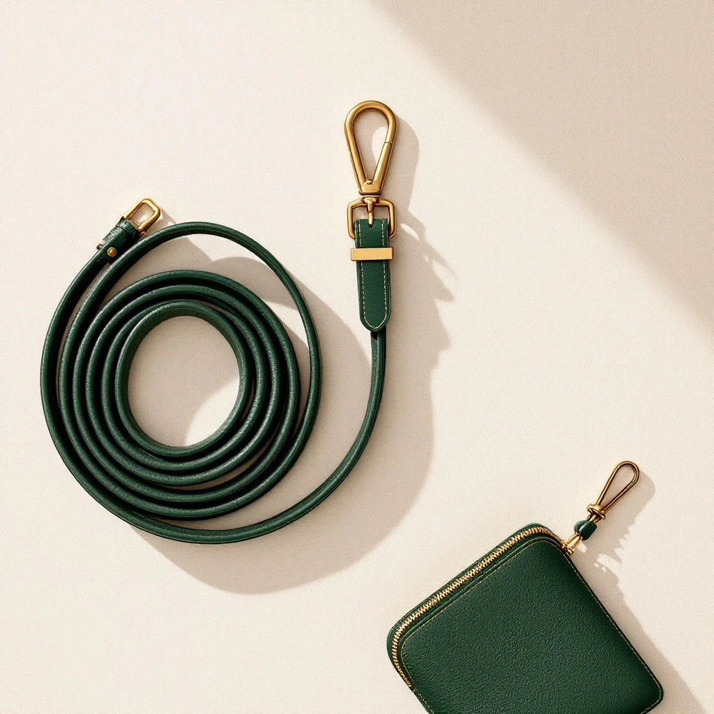 Larkwell Heritage Set featuring a deep forest green leather dog lead and matching waste bag pouch with brass hardware.