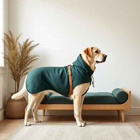 Larkwell The Homecoming Set featuring a green bamboo-terry dog robe and matching bolstered oak dog bed with a Labrador