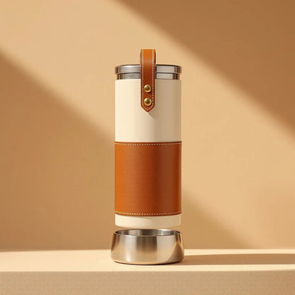 Larkwell The Journey Flask in bone and cognac with a leather sleeve, carry handle, and magnetic stainless steel bowl.