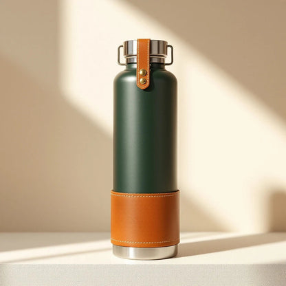 Larkwell The Journey Flask in forest green with a tan leather sleeve, brass rivets, and a carry handle.
