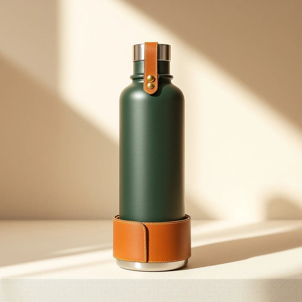 Larkwell The Journey Flask in forest green with a tan leather sleeve, brass rivets, and a magnetic steel bowl base.