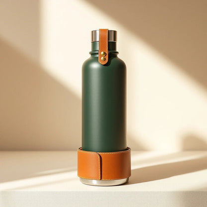 Larkwell The Journey Flask in forest green with a tan leather sleeve, brass rivets, and a magnetic steel bowl base.