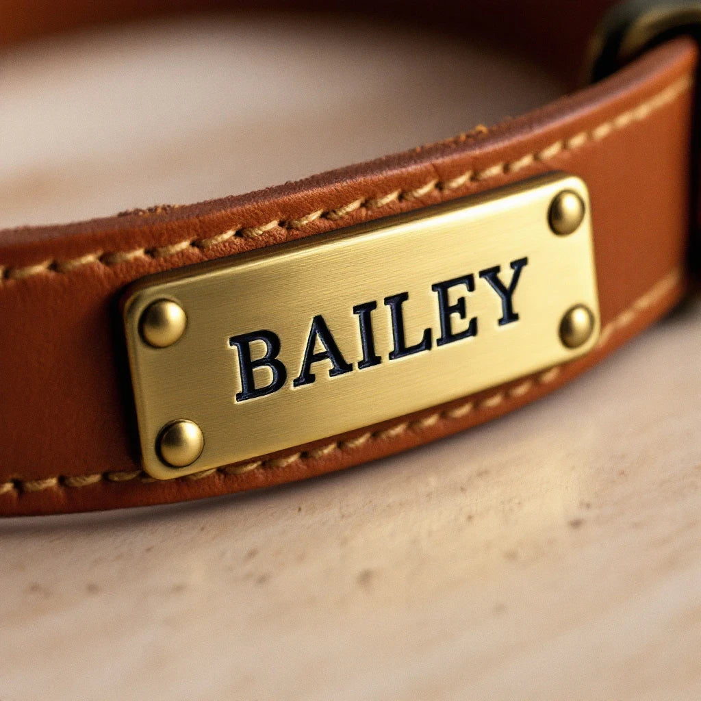 Larkwell The Wander Collar in chestnut tan leather with a solid brass engraved name plate and saddle stitching.