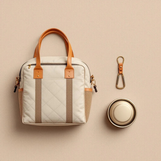 Larkwell The Long Weekend Set including a quilted canvas dog carrier, collapsible stainless bowl, and travel flask.
