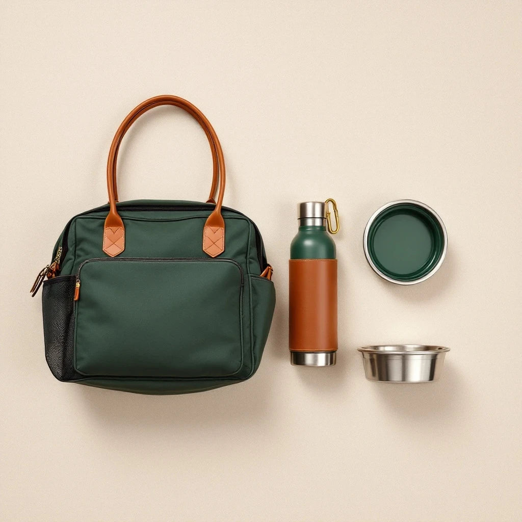 Larkwell The Long Weekend Set including a green quilted dog carrier, stainless steel flask with leather sleeve, and bowl