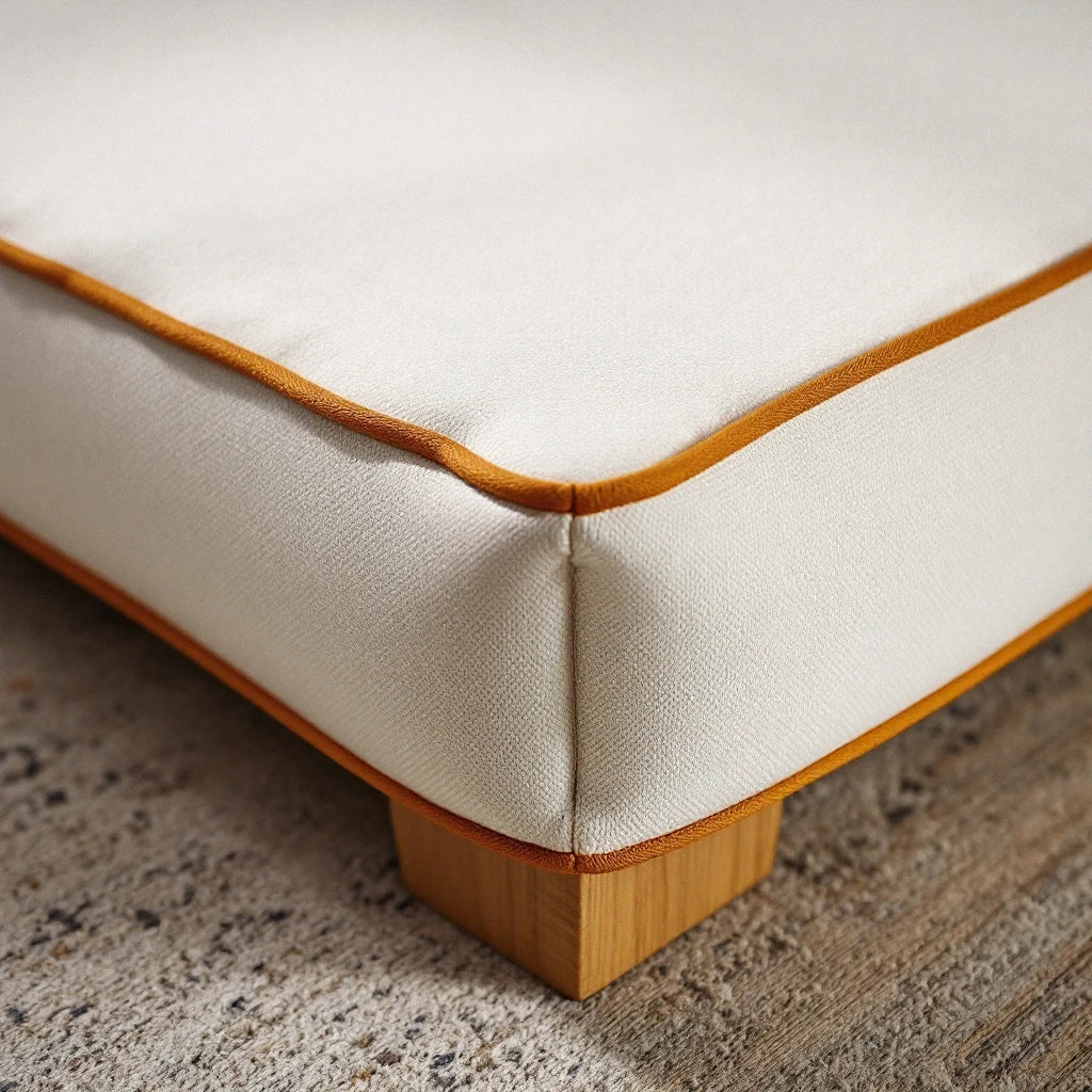 Larkwell The Manor Bed in bone bouclé fabric with contrast piping and a solid oak frame base.