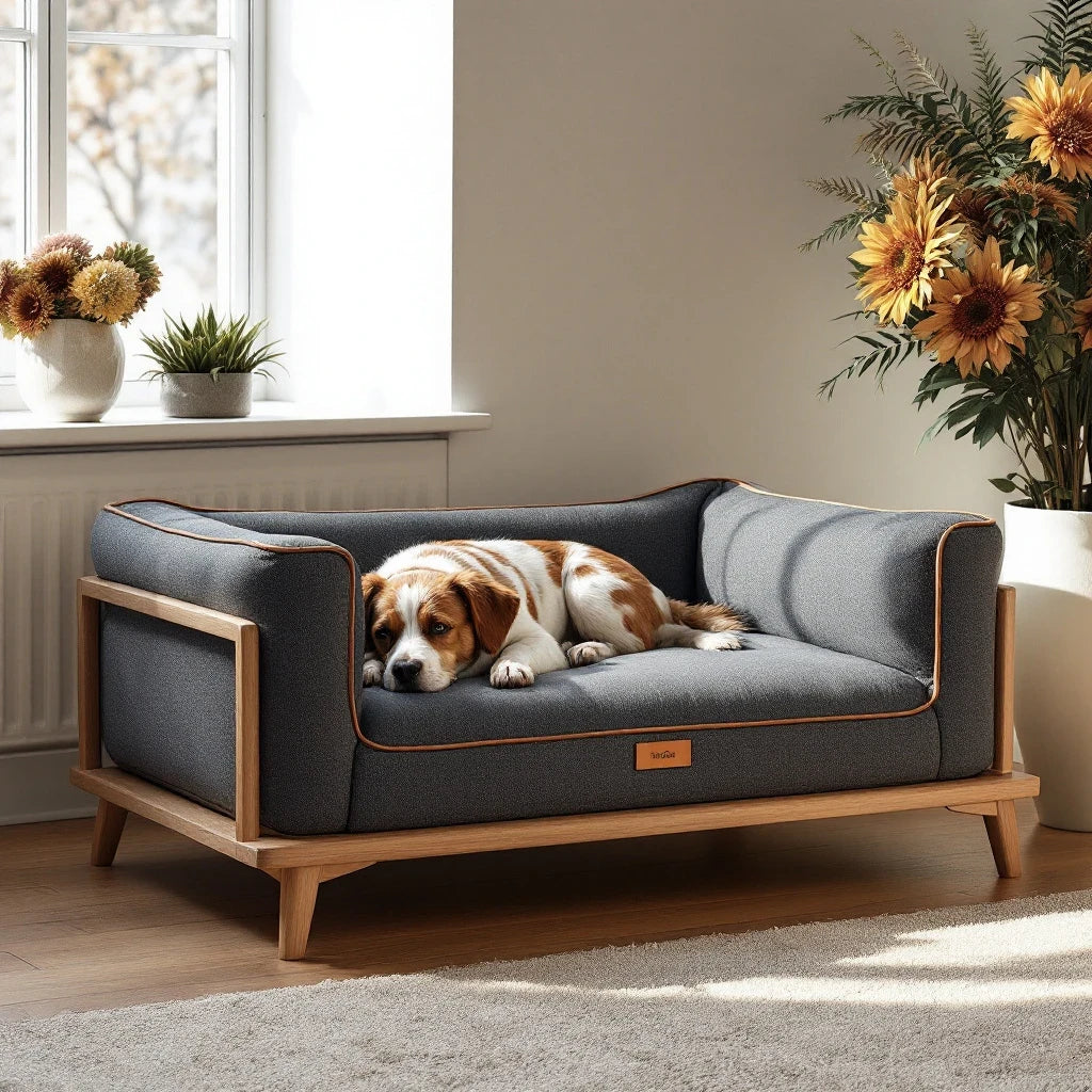 Larkwell The Manor Bed in charcoal bouclé with solid oak frame and a small dog resting inside a bright living room.