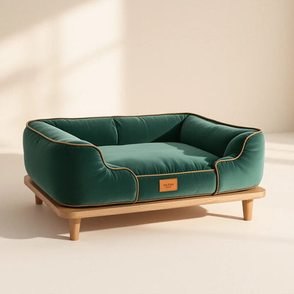 Larkwell The Manor Bed in forest velvet with a solid oak frame, featuring firm bolsters and contrast piping.
