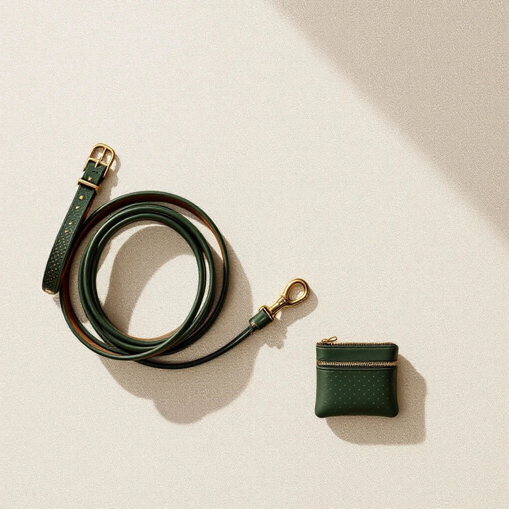Larkwell The Night Walk Set featuring a green leather LED dog collar, rolled leather lead, and matching waste-bag pouch.