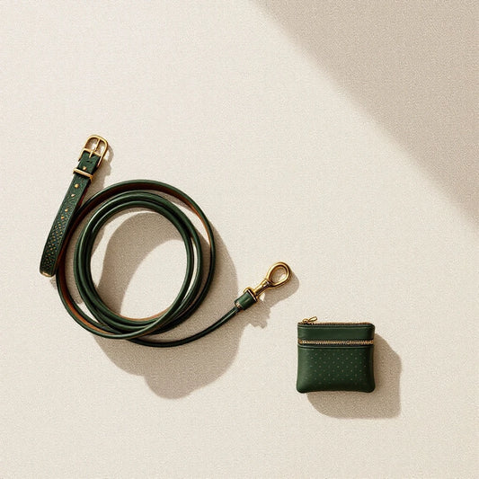 Larkwell The Night Walk Set featuring a green leather LED dog collar, rolled leather lead, and matching waste-bag pouch.