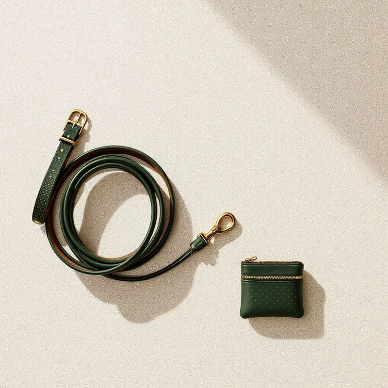 Larkwell The Night Walk Set featuring a green leather LED dog collar, rolled leather lead, and matching waste-bag pouch.