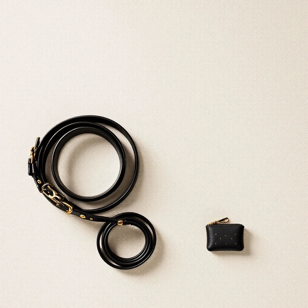 Larkwell The Night Walk Set featuring a black rolled leather dog lead and a matching zipped leather waste-bag holder.