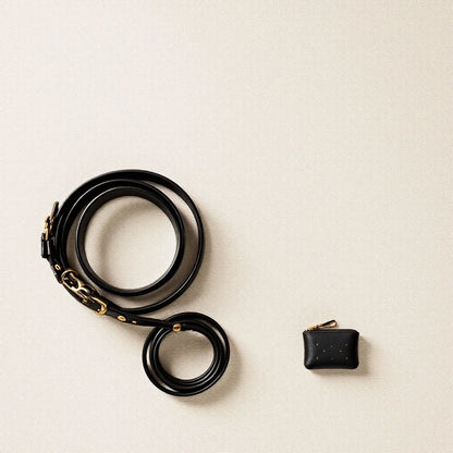 Larkwell The Night Walk Set featuring a black rolled leather dog lead and a matching zipped leather waste-bag holder.