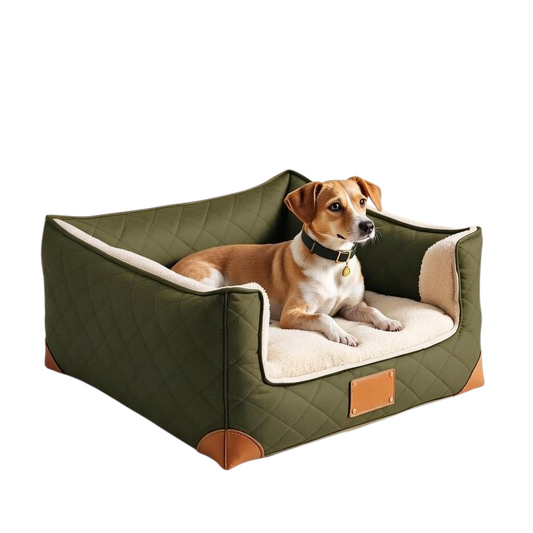 Larkwell olive green waxed canvas dog car seat with quilted texture, tan leather corners, and plush teddy fleece interior