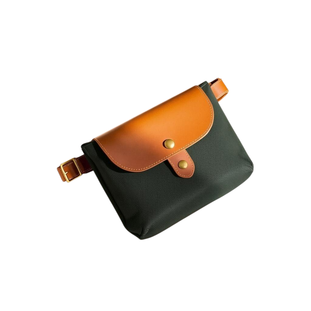 Larkwell olive waxed canvas treat pouch with a tan leather magnetic flap and antique brass hardware.
