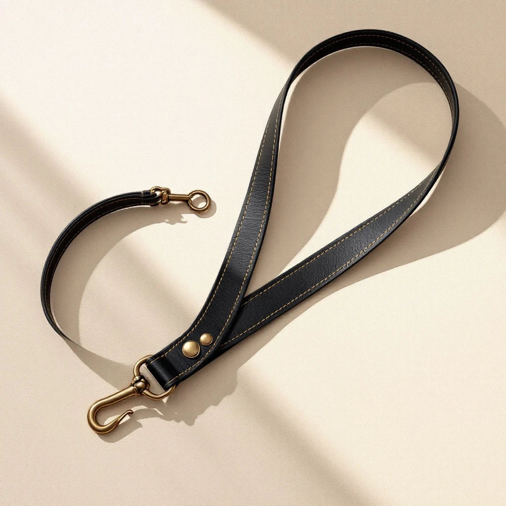 Larkwell The Safe Tether black leather dog car seat belt with antique brass screw-lock hook and steel adjuster.