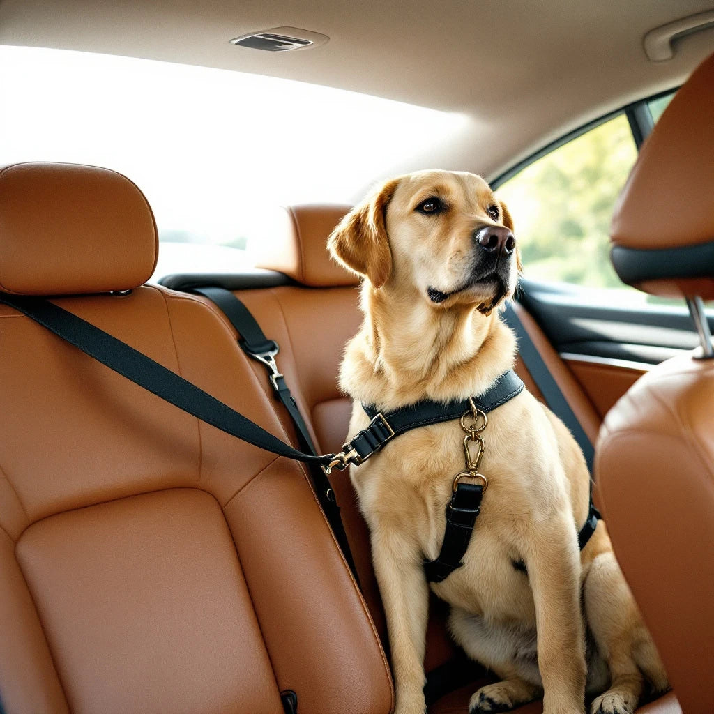 Larkwell The Safe Tether dog seat belt attached to a harness on a yellow Labrador sitting in a car with tan seats.