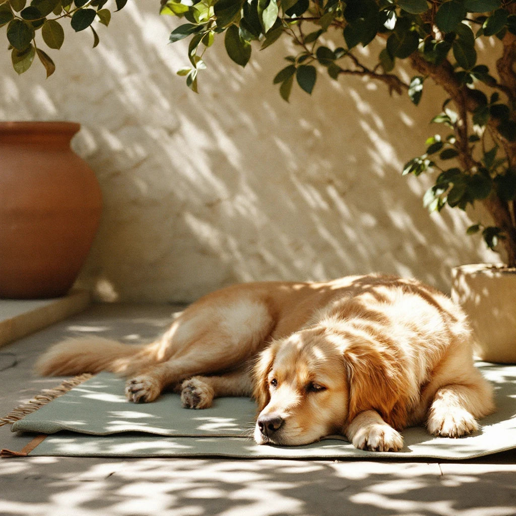 Larkwell sage green linen cooling dog mat with leather trim, featuring a golden retriever resting in a shaded patio.