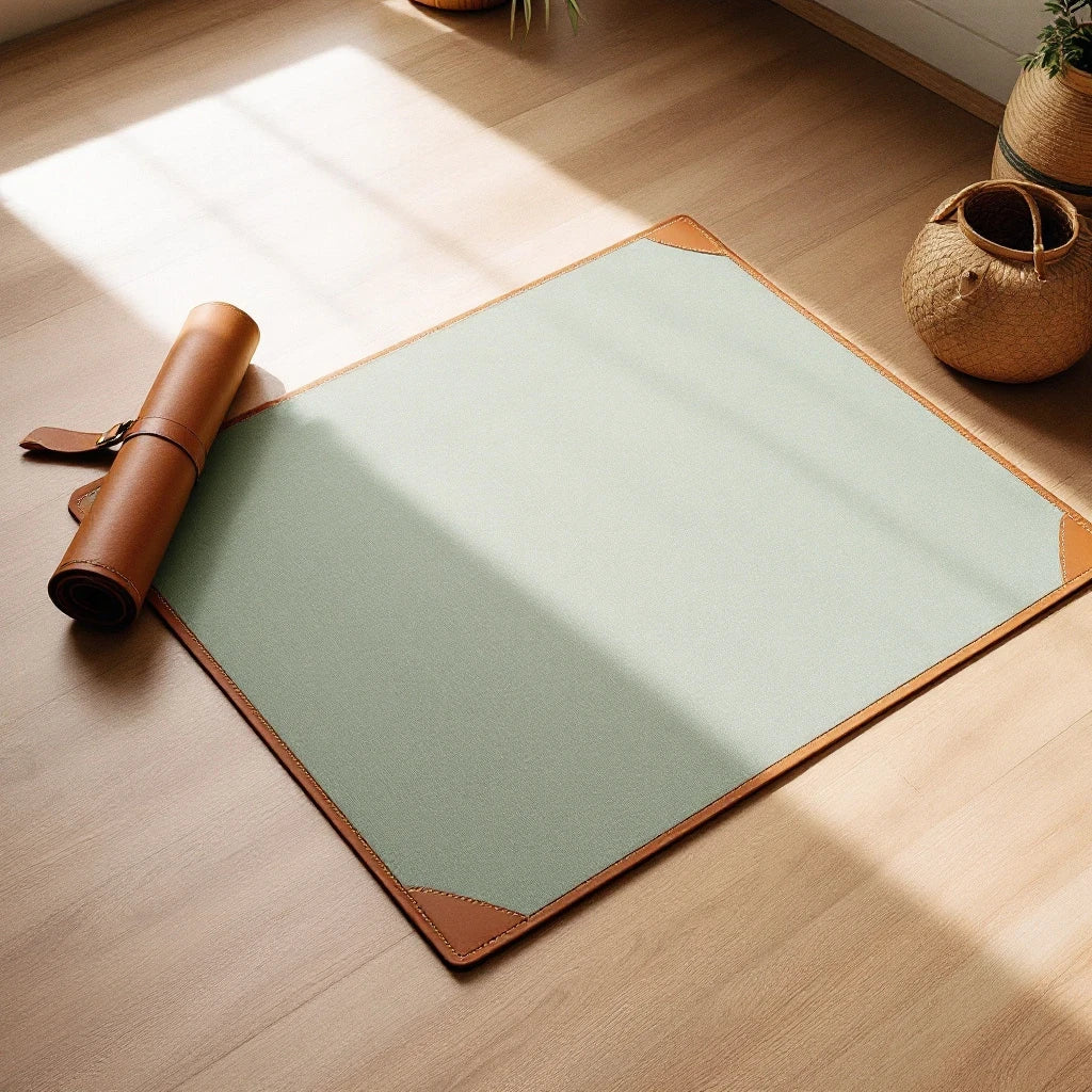 Larkwell The Cool Field Mat in sage green linen with chestnut tan leather trim and a matching rolled travel strap.