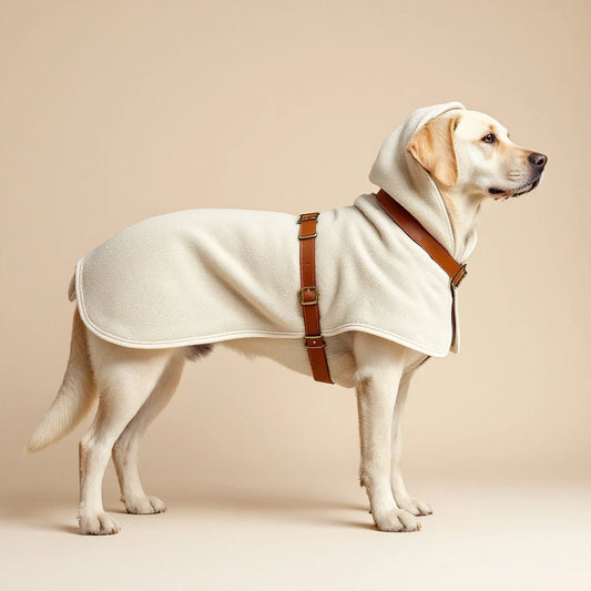 Larkwell Shake-Off Robe in bone cream bamboo terry on a Labrador with chestnut leather straps and brass hardware.