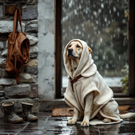 Larkwell The Shake-Off Robe in bone cream bamboo terry on a yellow Labrador, featuring leather trim and a hood.