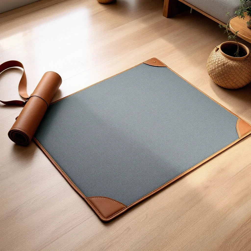 Larkwell slate grey linen cooling mat for dogs with chestnut tan leather trim and a matching leather travel strap.