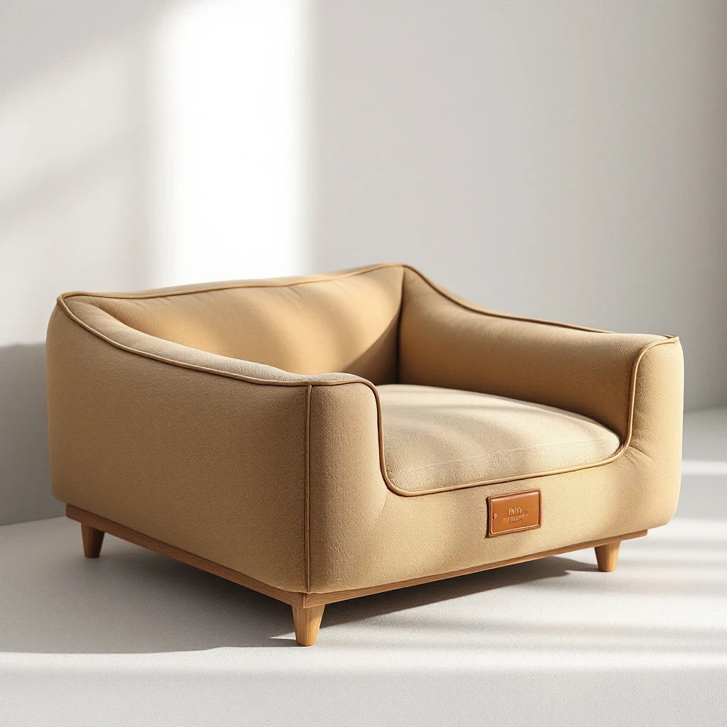 Larkwell The Manor Bed in camel bouclé with firm bolsters, contrast piping, and a solid oak frame with tapered legs.