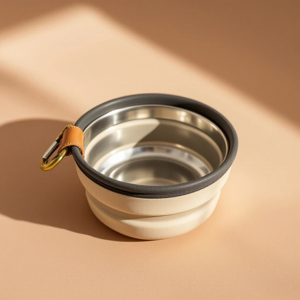 Larkwell The Trail Bowl in Bone Cream with a stainless steel basin, silicone walls, and a brass carabiner clip.