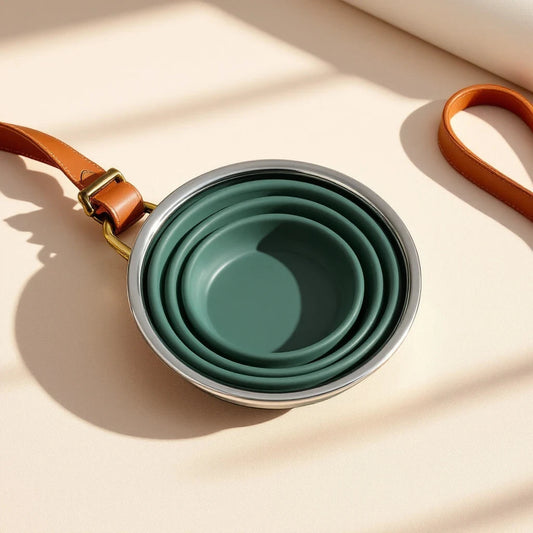Larkwell The Trail Bowl in Deep Forest green, featuring a stainless steel basin, silicone walls, and brass carabiner.