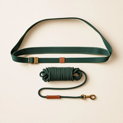 Larkwell The Trail Runner hands-free dog leash in Deep Forest green with leather accents and brass hardware