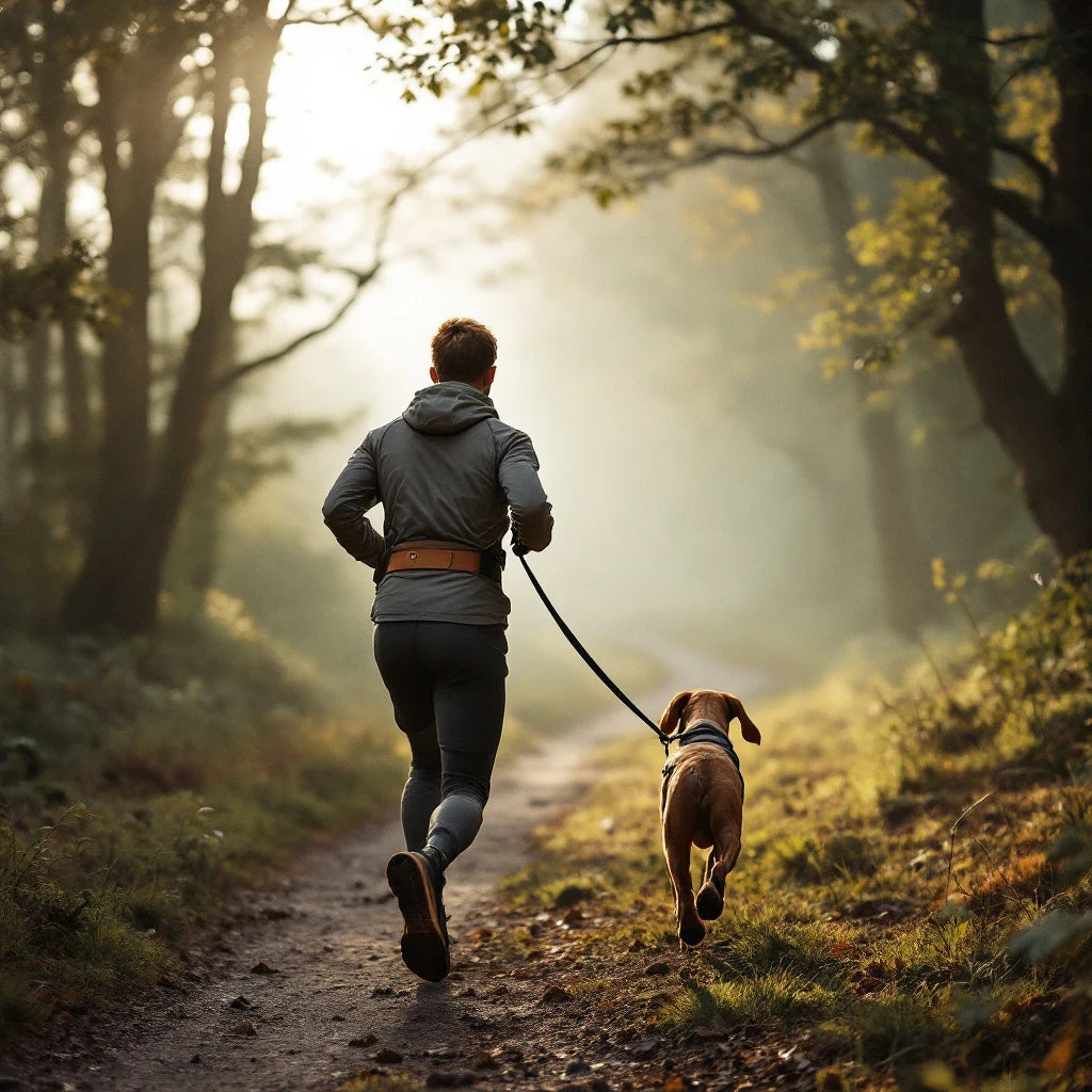 Larkwell The Trail Runner hands-free dog leash with tan leather belt worn by a runner on a forest trail with a dog