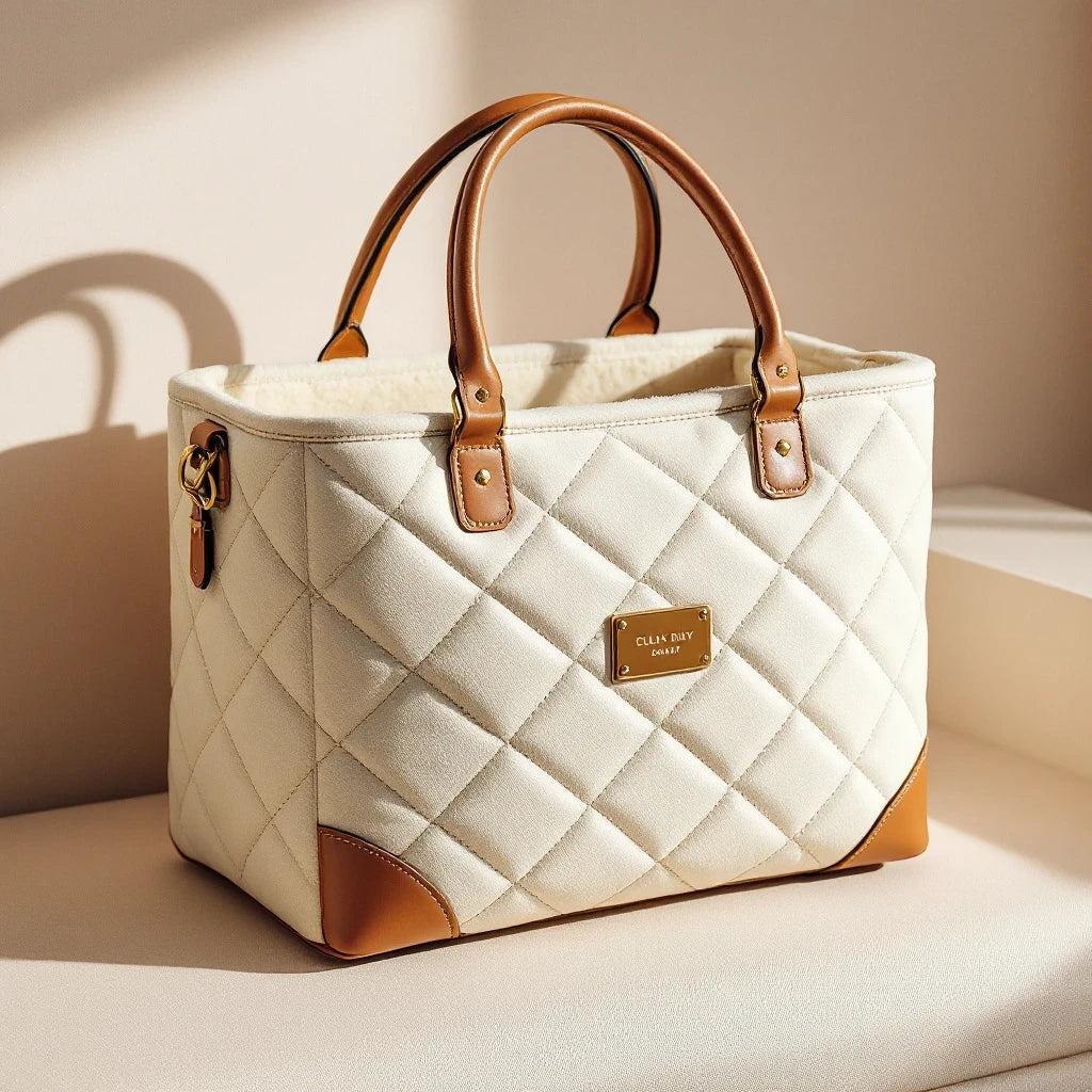 Larkwell The Voyager cream quilted bouclé dog carrier with tan leather handles and brass hardware on a neutral surface