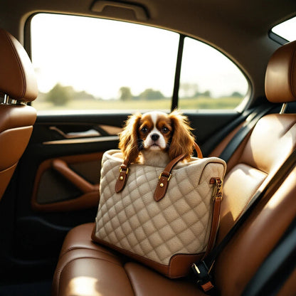 Larkwell The Voyager cream bouclé dog car seat carrier with tan leather trim and quilted texture on a car seat