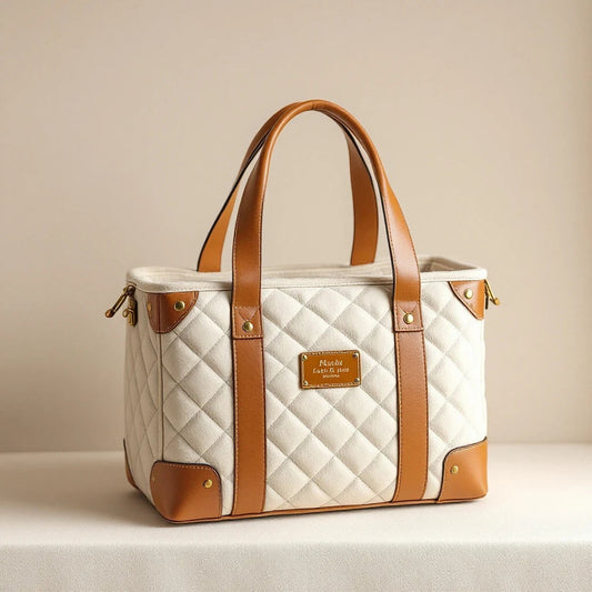 Larkwell The Voyager cream quilted bouclé dog carrier with tan leather handles, brass hardware, and structured frame.