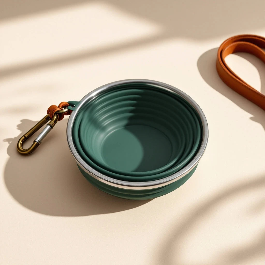 Larkwell The Trail Bowl in Deep Forest green with a stainless steel basin, leather tab, and brass carabiner.