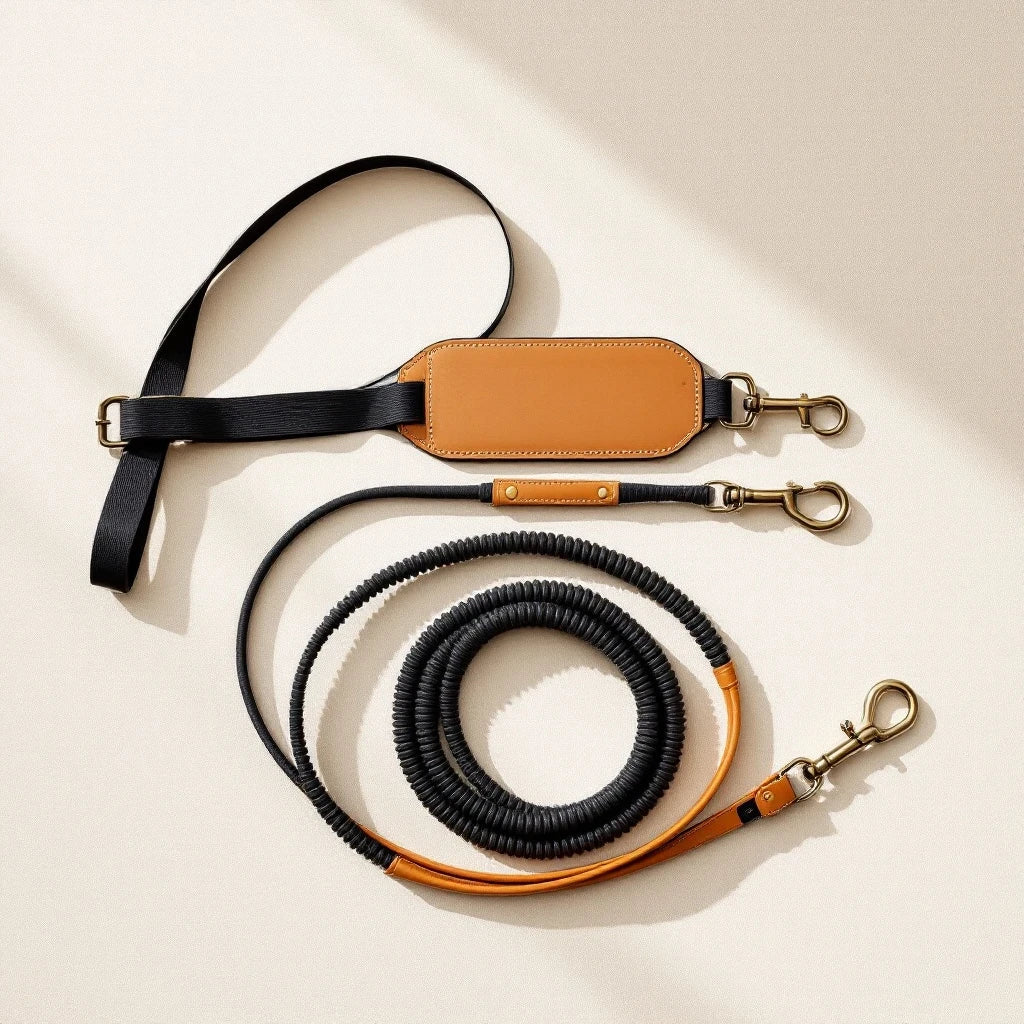 Larkwell The Trail Runner hands-free dog leash in black and tan with leather accents and antique brass hardware.