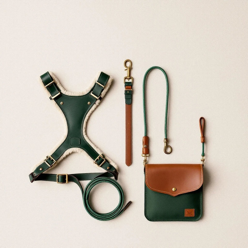 Larkwell The Trail Set featuring a green leather dog harness with shearling, a bungee lead, and a waxed canvas pouch.