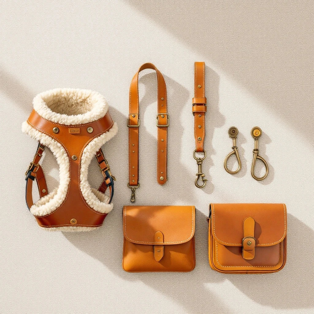Larkwell The Trail Set featuring a tan leather dog harness with shearling lining, matching lead, and treat pouch.