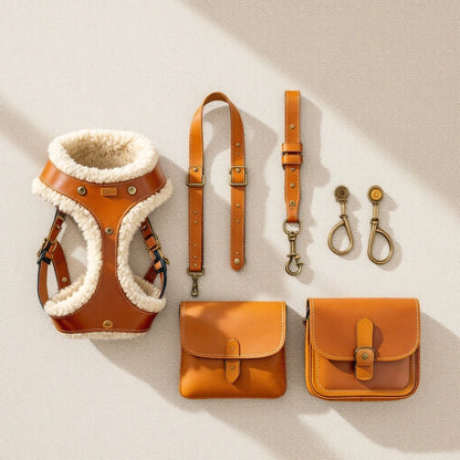 Larkwell The Trail Set featuring a tan leather dog harness with shearling lining, matching lead, and treat pouch.